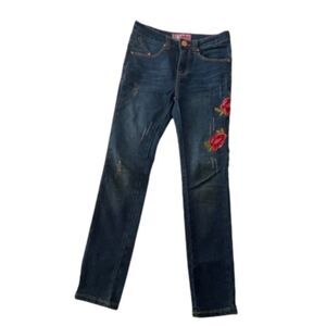 Girls Distressed Straight Cut Denim Jeans Size 10 Red Roses Design Pockets